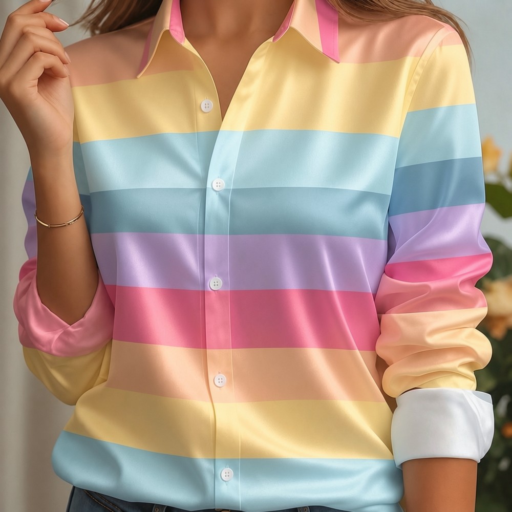 Embellish Knit - Damska satynowa koszula z klapami, pastelowy